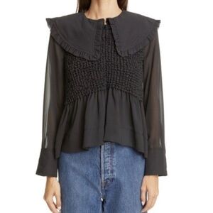 GANNI Ruffle Collar Smocked Chiffon Black Top Blouse Ruffled Size FR 40/ US 8